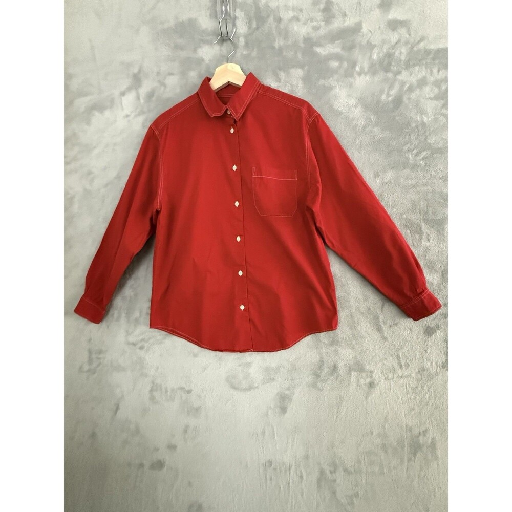 Talbots Button Up Shirt Womens Small Red White Contrast Stitch Long Sleeve